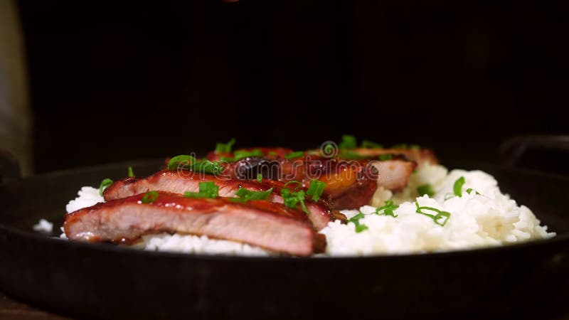 Geroosterde Varkensvleesribben met Rijst Vlees, saus royalty-vrije stock afbeeldingen Geroosterde Varkensvleesribben met Rijst Vlees, saus royalty-vrije stock afbeeldingen