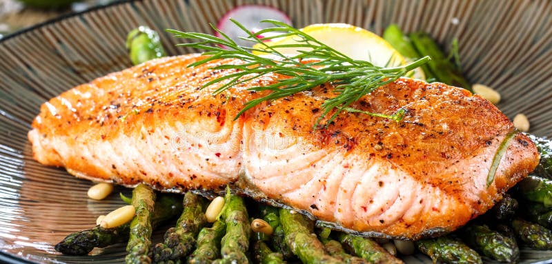 Geroosterde zalm en asperge op houten lijst dicht omhoog royalty-vrije stock foto's Geroosterde zalm en asperge op houten lijst dicht omhoog royalty-vrije stock foto's