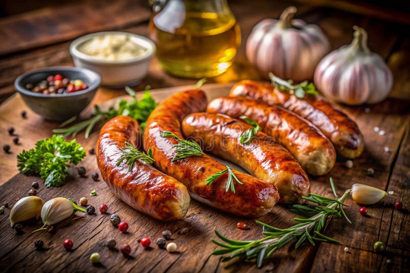 Köstliche, gewürzte Würstchen mit aromatischem Knoblauch und Kräutergarnitur – Eine Luftaufnahme als Fest für die Sinne vektor abbildung