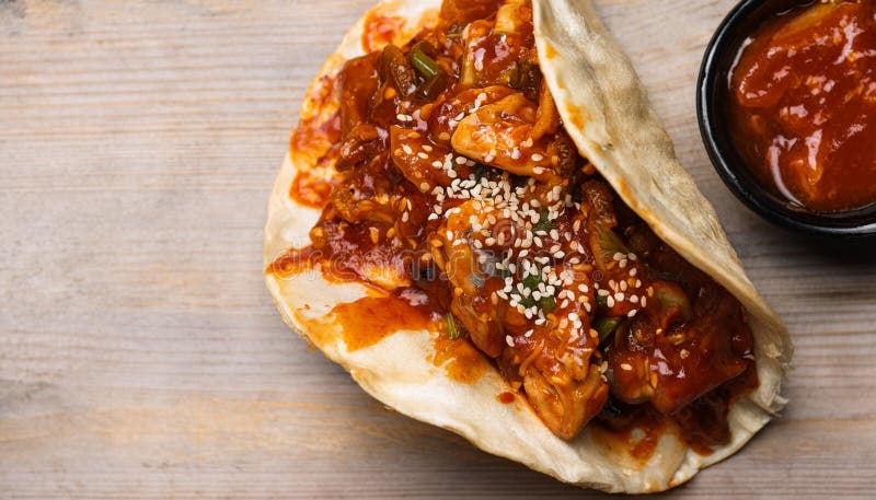 Geruchliches Hühnertako mit Sesamsamen mit Salsa vektor abbildung