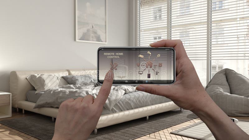 Gerät mit Appikonen. Innere des unbedeutenden modernen Schlafzimmers mit Hintergrundarchitekturentwurf im Bett..