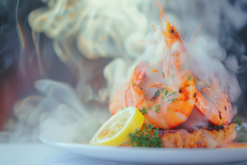 Geräucherte und aromatisch gegrillte Garnelen mit frischen Kräuter und Zitrone auf weißem Teller lizenzfreie abbildung