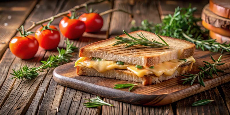 Geräumiges gegrilltes Käsebrot mit geschmolzenem Käse und Kräutern auf rustikalem Holzbrett. Generative AI lizenzfreie abbildung