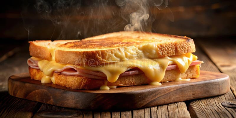 Geräumiges gegrilltes Käsebrot mit geschmolzenem Käse und Schinken auf rustikalem Holzbrett. Generative AI stock abbildung