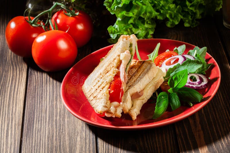 Geröstetes panini mit Schinken-, Käse- und Tomatensandwich lizenzfreie stockbilder Geröstetes panini mit Schinken-, Käse- und Tomatensandwich lizenzfreie stockbilder