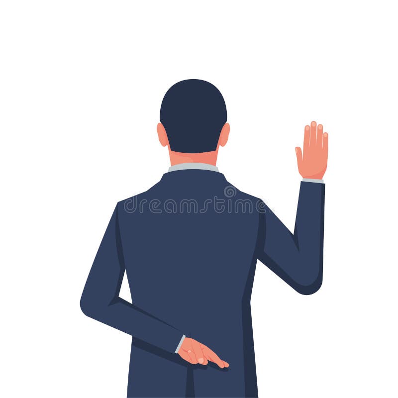 Businessman taking oath. Dishonest politician. Hand in the oath is raised up. Lying and corruption. Hand with crossed fingers behind back. Vector illustration flat design. Businessman taking oath. Dishonest politician. Hand in the oath is raised up. Lying and corruption. Hand with crossed fingers behind back. Vector illustration flat design.