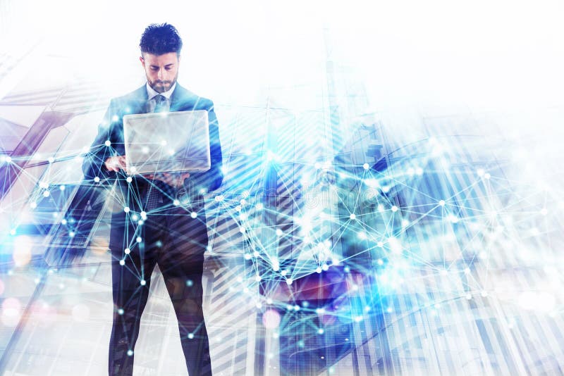 Gesch?ftsmann Works mit Laptop Konzept der Teamwork und der Partnerschaft Doppelbelichtung mit Netzeffekten stockbild Gesch?ftsmann Works mit Laptop Konzept der Teamwork und der Partnerschaft Doppelbelichtung mit Netzeffekten stockbild