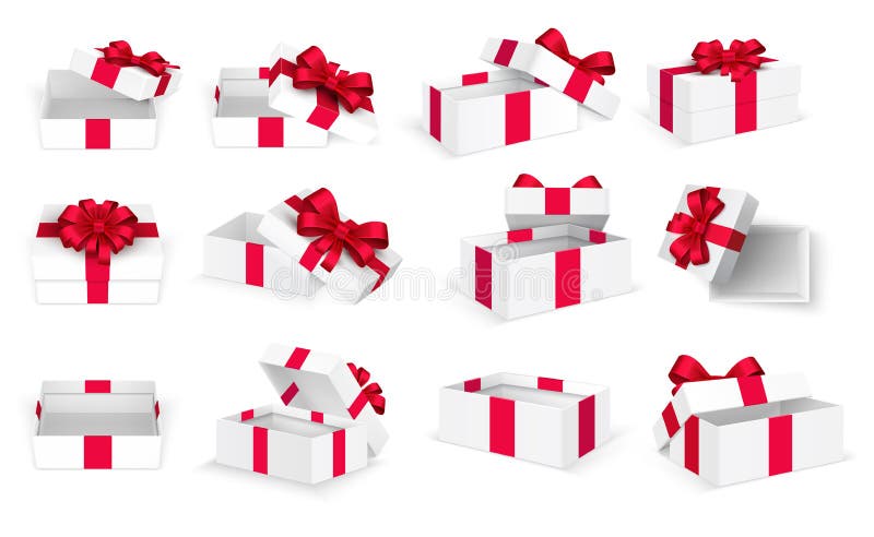 Geschenk Boxes Offener anwesender leerer Kasten des Weiß mit rotem Bogen und Bändern Weihnachts- und Valentinstagvektorschablone vektor abbildung