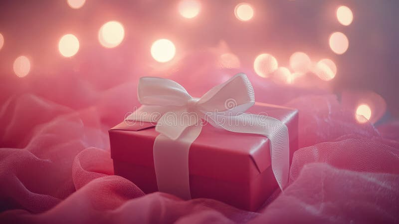 Geschenk der Liebe : Eine rote Box in weißem Bathed in Gentle Warm Bokeh Licht ummantelt stockfoto