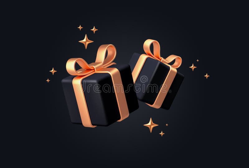 Geschenkboxen mit 3D-Darstellung auf schwarzem Hintergrund. schwarze Geschenkschachteln mit goldfarbenem Band und Bogen. Geburtsta vektor abbildung