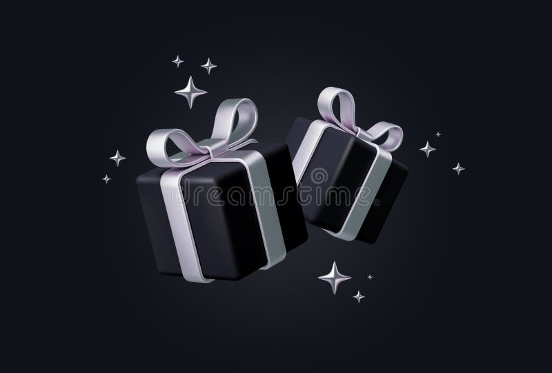 Geschenkboxen mit 3D-Darstellung auf schwarzem Hintergrund. schwarze Geschenkschachteln mit silberfarbenem Band und Bogen. Geburts vektor abbildung
