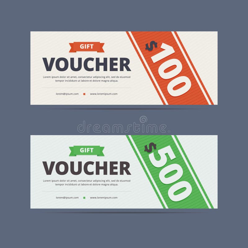 Gift voucher template, layout. Gift voucher coupon. 100 and 500 dollars. Vector illustration in clean flat style for print or web design. Gift voucher template, layout. Gift voucher coupon. 100 and 500 dollars. Vector illustration in clean flat style for print or web design.
