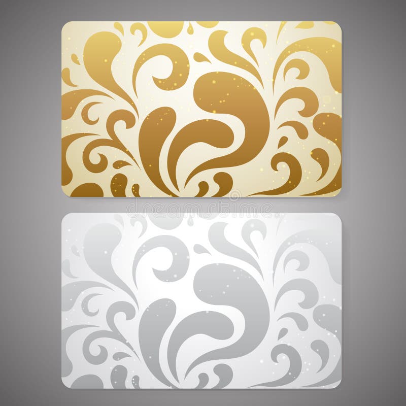 Gift card (discount card or business card) with floral (scroll shape) gold, silver pattern. Background design for gift coupon, voucher, invitation, ticket etc. Vector. Gift card (discount card or business card) with floral (scroll shape) gold, silver pattern. Background design for gift coupon, voucher, invitation, ticket etc. Vector