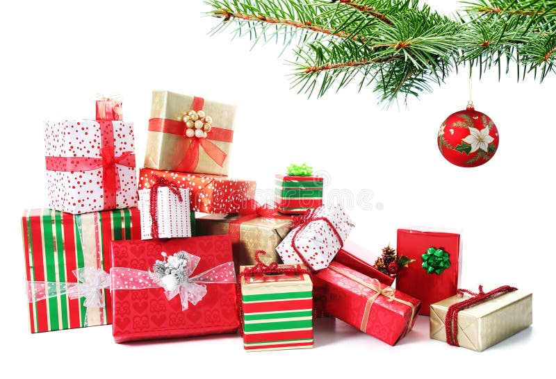 Geschenkstapel unter einem Weihnachtsbaum stockbild Geschenkstapel unter einem Weihnachtsbaum stockbild