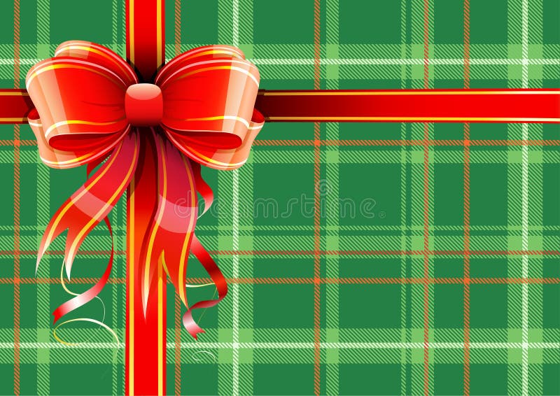 Vector illustration of green Scottish plaid gift wrapping with red ribbon and bow. Vector illustration of green Scottish plaid gift wrapping with red ribbon and bow