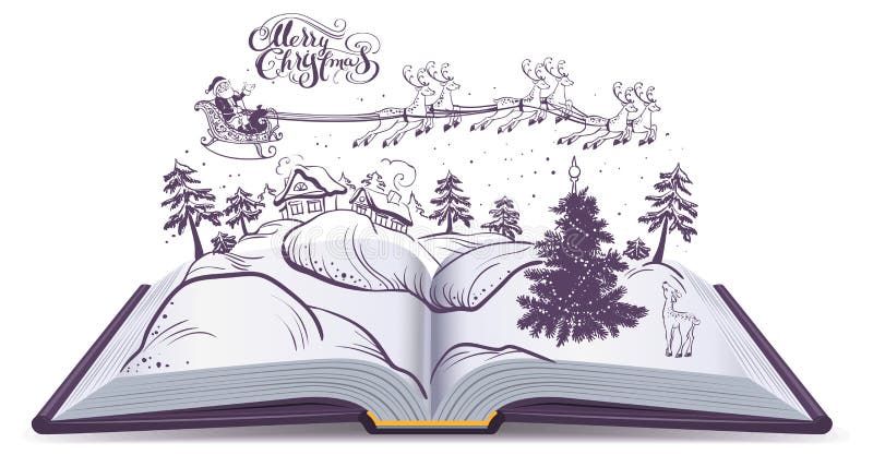 Geschichte des offenen Buches über Weihnachten Sankt und Rotwild im Himmel über Winterwald vektor abbildung Geschichte des offenen Buches über Weihnachten Sankt und Rotwild im Himmel über Winterwald vektor abbildung