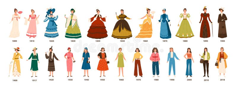 Geschiedenis van manier Inzameling van vrouwelijke kleding door decennia Bundel van mooie vrouwen gekleed in modieuze geïsoleerde