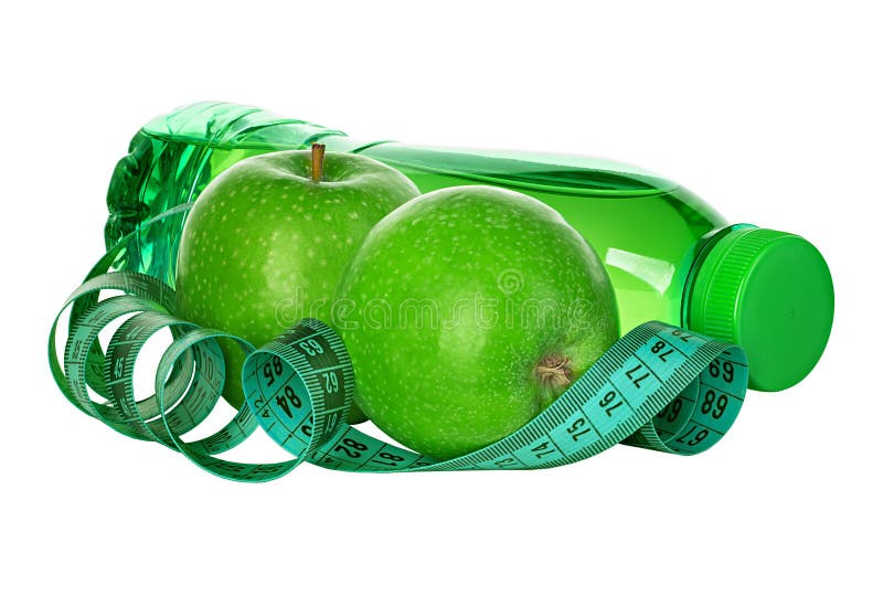 Geschiktheid, het concept van het gewichtsverlies met groene appelen, fles drinkwater en meetlint stock afbeeldingen Geschiktheid, het concept van het gewichtsverlies met groene appelen, fles drinkwater en meetlint stock afbeeldingen