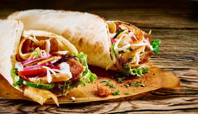 Geschmackvoller doner Kebab mit neuen Salatzutaten stockfotografie Geschmackvoller doner Kebab mit neuen Salatzutaten stockfotografie