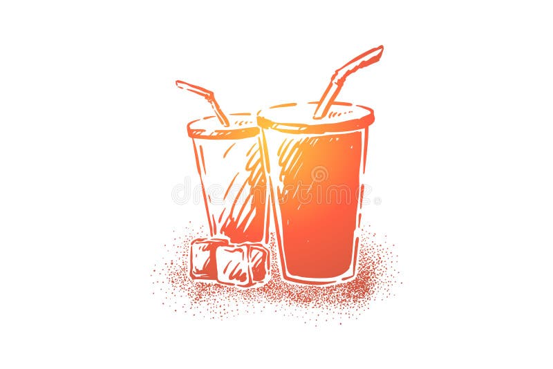 Geschmackvolles Soda, frisches kaltes Getränk in den Wegwerfschalen mit den Stroh-, Kolabaum- und Eiswürfeln, durstlöschend stock abbildung Geschmackvolles Soda, frisches kaltes Getränk in den Wegwerfschalen mit den Stroh-, Kolabaum- und Eiswürfeln, durstlöschend stock abbildung