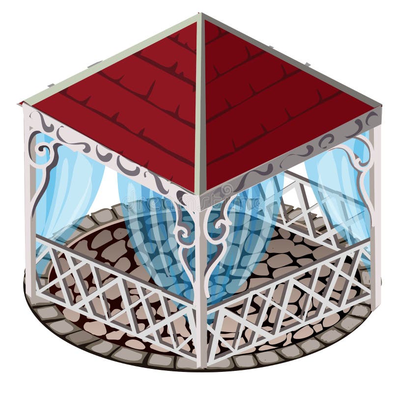 Forged gazebo with red roof, blue lace curtains, and floors paved with cobblestones, isolated on white background. Vector illustration. Forged gazebo with red roof, blue lace curtains, and floors paved with cobblestones, isolated on white background. Vector illustration