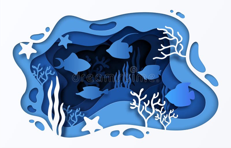 Geschnittener Seepapierhintergrund Korallenriff des Unterwasserozeans mit Wellen Fische und Meerespflanzen, Sommerplakat der Kari lizenzfreie abbildung Geschnittener Seepapierhintergrund Korallenriff des Unterwasserozeans mit Wellen Fische und Meerespflanzen, Sommerplakat der Kari lizenzfreie abbildung