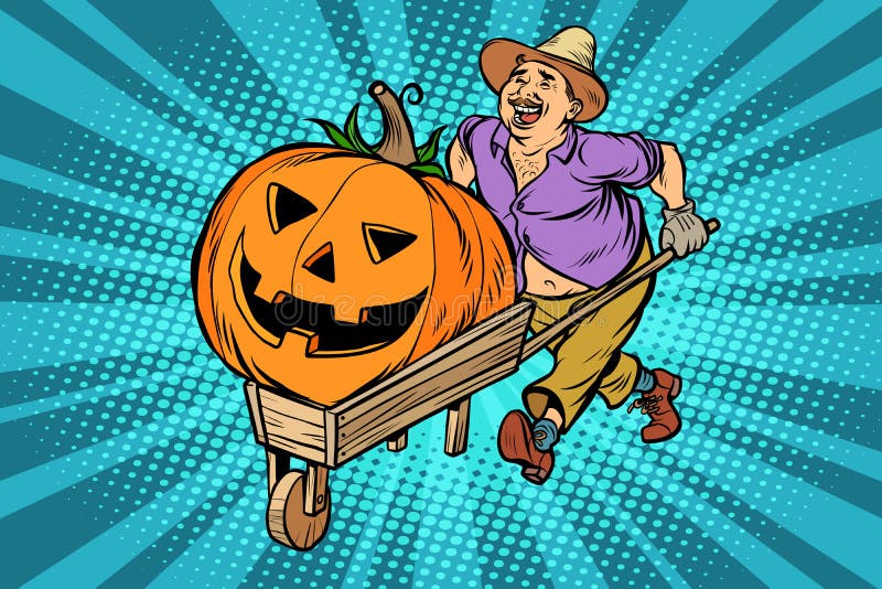 Geschnitzter Halloween-Kürbis Landwirt, Mann mit einer hölzernen Schubkarre stock abbildung Geschnitzter Halloween-Kürbis Landwirt, Mann mit einer hölzernen Schubkarre stock abbildung