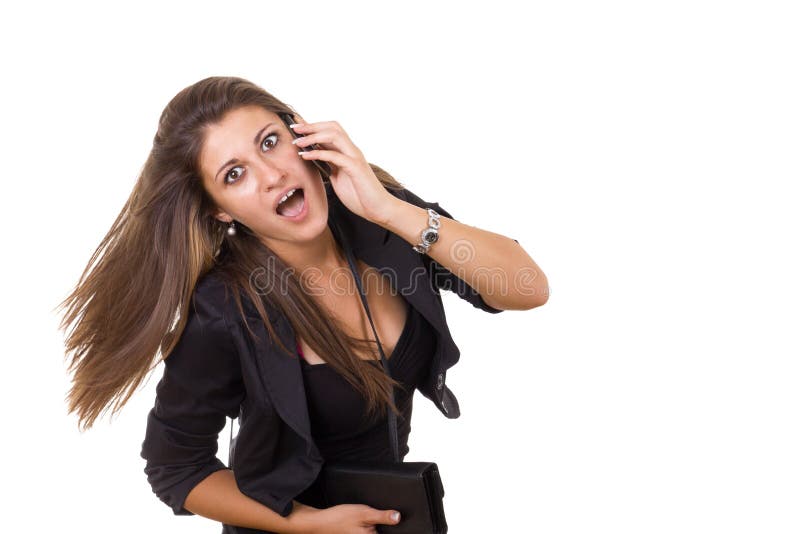 Geschokte bedrijfsvrouw die op de telefoon spreken stock foto's Geschokte bedrijfsvrouw die op de telefoon spreken stock foto's