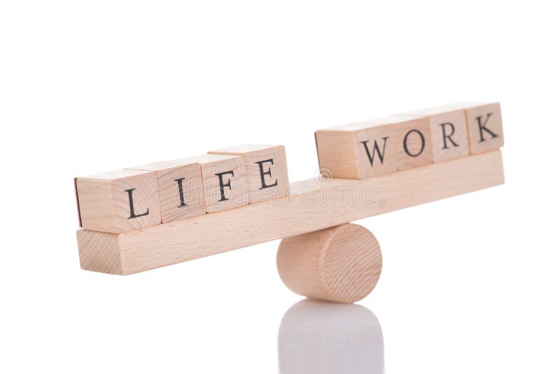 Wooden seesaw representing imbalance between Life and Work isolated over white background. Wooden seesaw representing imbalance between Life and Work isolated over white background