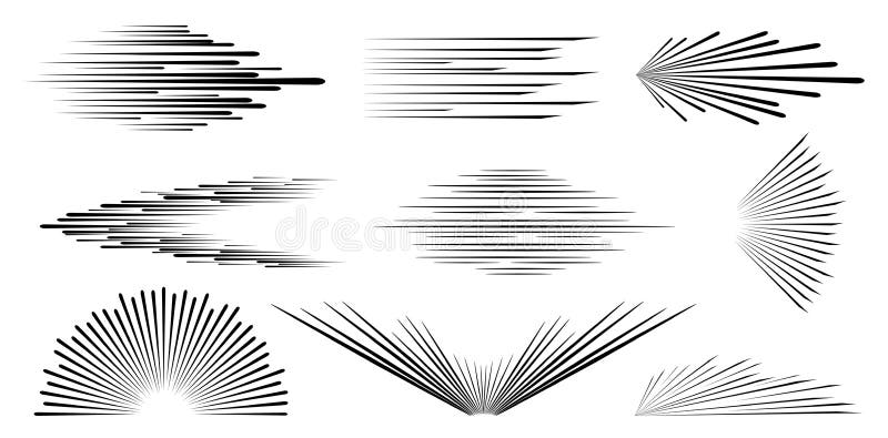 Speed line. Speed comic book. Background of radial lines. Set of various symbols of movement, speed, explosion, radiance, flying particles.  Black silhouette. Isolation. Vector illustration. Speed line. Speed comic book. Background of radial lines. Set of various symbols of movement, speed, explosion, radiance, flying particles.  Black silhouette. Isolation. Vector illustration