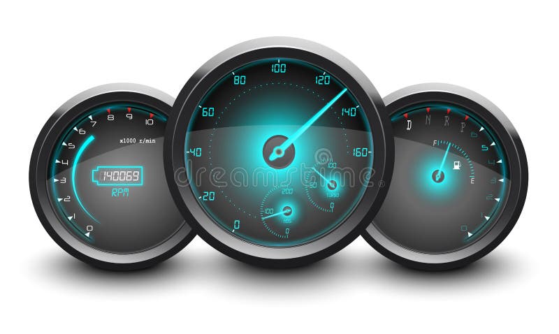 Illustration of Speedometer, tachometer, fuel and temperature gauge isolated white background. Illustration of Speedometer, tachometer, fuel and temperature gauge isolated white background