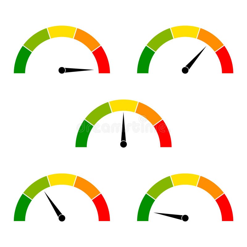Tachometer-Symbol mit Pfeil. Armaturenbrett mit grün-gelben roten Anzeigen. Spurenelemente des Tachometers. niedriger mittlerer ho