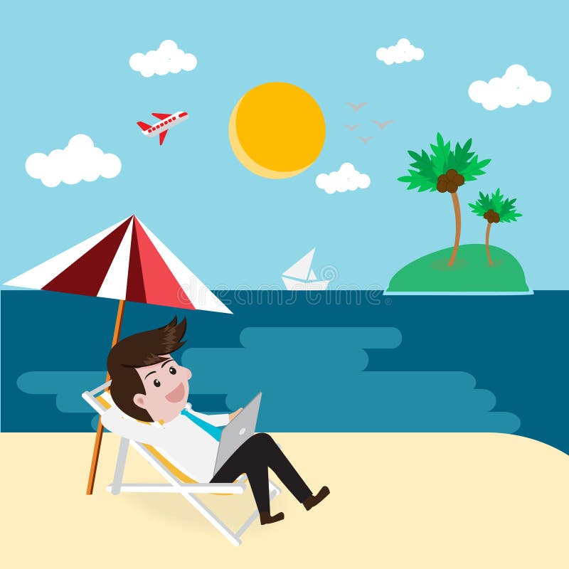 Geschäft entspannen sich auf Strand mit Tablette stock abbildung Geschäft entspannen sich auf Strand mit Tablette stock abbildung
