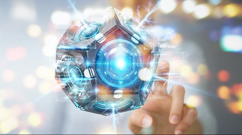 Geschäftsfrau, die futuristisches Brummenüberwachungskamera 3D renderin verwendet lizenzfreie abbildung Geschäftsfrau, die futuristisches Brummenüberwachungskamera 3D renderin verwendet lizenzfreie abbildung