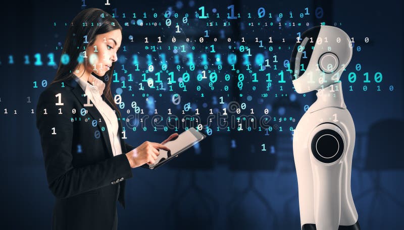 Geschäftsfrau, die mit humanoiden Robotern interagiert und Tablet in digitaler Umgebung verwendet lizenzfreie stockfotos