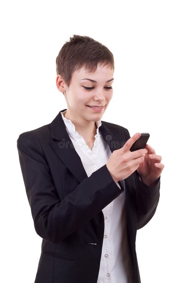 Geschäftsfrau, die am Telefon texting ist