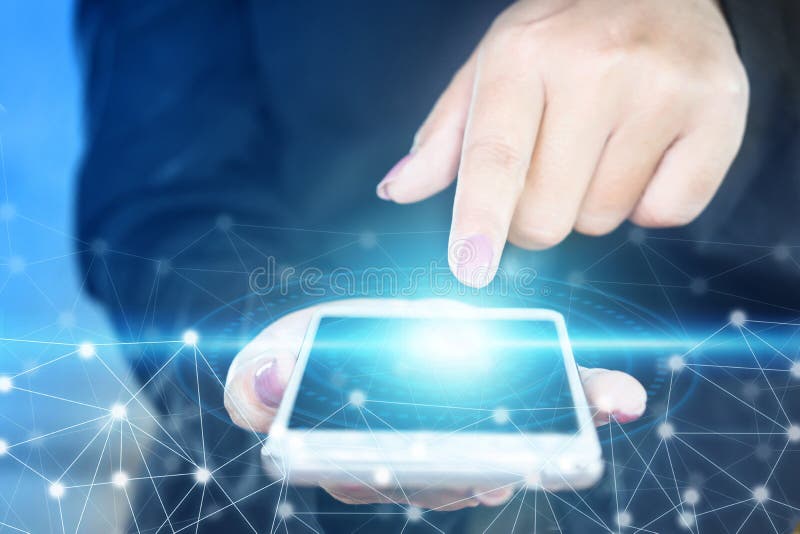 Geschäftsfrau-Handtouch Screen des intelligenten Telefons, abstrakte Verbindung der Technologie stockbild Geschäftsfrau-Handtouch Screen des intelligenten Telefons, abstrakte Verbindung der Technologie stockbild