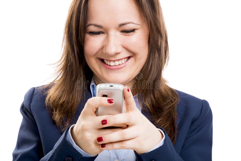 Geschäftsfrau mit einem Mobiltelefonsimsen stockfotos Geschäftsfrau mit einem Mobiltelefonsimsen stockfotos