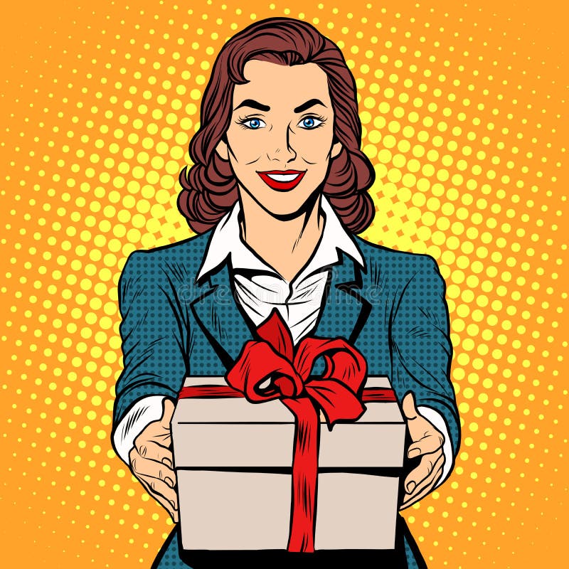Business woman with gift box pop art retro style. The business concept of bonuses discounts and sales. Holiday gifts. Girlfriend gives a gift. Vector businesswoman. Business woman with gift box pop art retro style. The business concept of bonuses discounts and sales. Holiday gifts. Girlfriend gives a gift. Vector businesswoman.