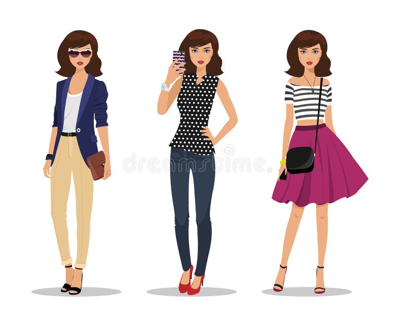 Beautiful young women in fashion clothes. Detailed women characters with accessories. Businesswoman with bag, young girl making selfie and romantic style girl. Flat style vector illustration. Beautiful young women in fashion clothes. Detailed women characters with accessories. Businesswoman with bag, young girl making selfie and romantic style girl. Flat style vector illustration.