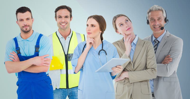 Geschäftsfrau und Call-Center-Mann, Doktor, handlicher Mann und Erbauer gegen blauen Hintergrund lizenzfreie stockbilder Geschäftsfrau und Call-Center-Mann, Doktor, handlicher Mann und Erbauer gegen blauen Hintergrund lizenzfreie stockbilder