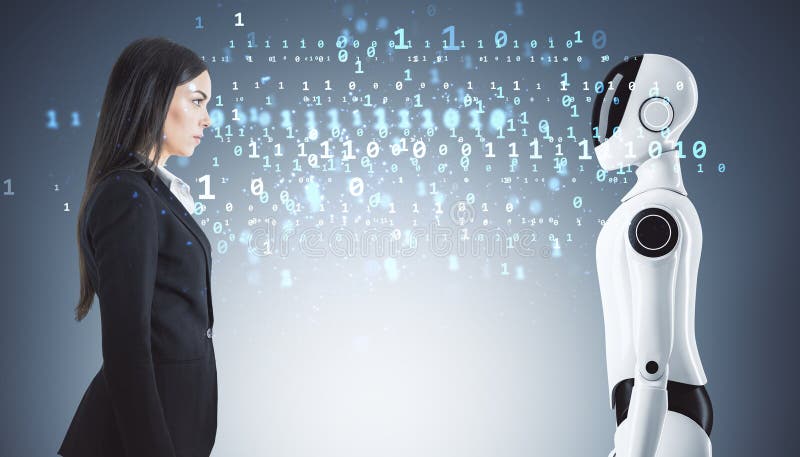 Geschäftsfrau und humanoider Roboter tauschen digitale Daten in einem futuristischen Konzept aus stockfoto