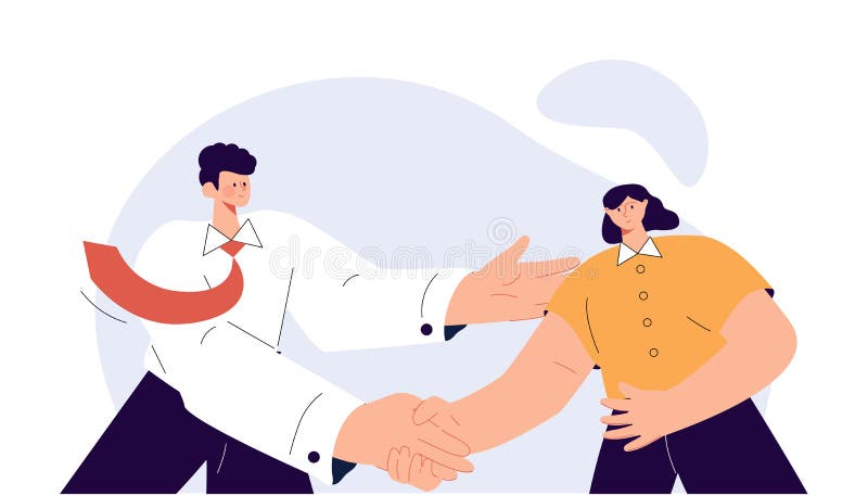 Geschäftsfrau und Mann mit Handschlag. Freuen Partner Bürokollegen, die respektvoll arbeiten.
