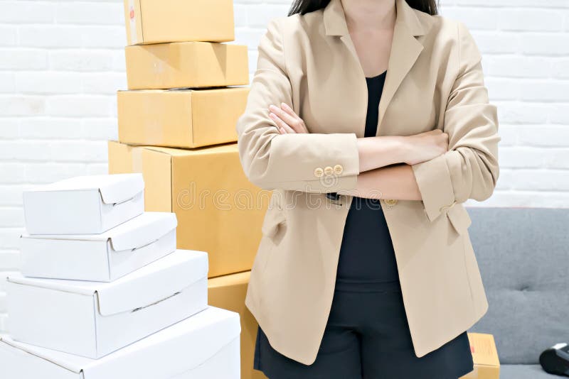 Geschäftsfrauen, die braunen Anzug mit Stapelpappschachteln tragen lizenzfreie stockfotografie Geschäftsfrauen, die braunen Anzug mit Stapelpappschachteln tragen lizenzfreie stockfotografie