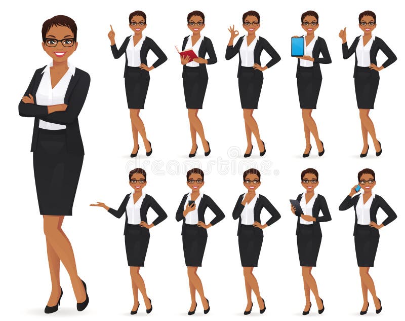 Businesswoman character in different poses set vector illustration. Businesswoman character in different poses set vector illustration