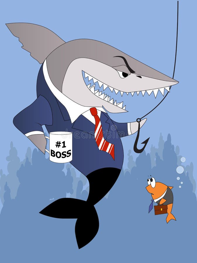 Scary shark in a business suit holding a Number one boss cup and giving a fishing hook to a terrifies small fish employee. Scary shark in a business suit holding a Number one boss cup and giving a fishing hook to a terrifies small fish employee