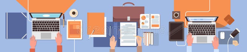 Geschäftsleute Arbeitsplatz-Schreibtisch-Hand-, dielaptop-und Tablet-Computer-Spitzenwinkelsicht-Büro-Teamwork Arbeits sind vektor abbildung