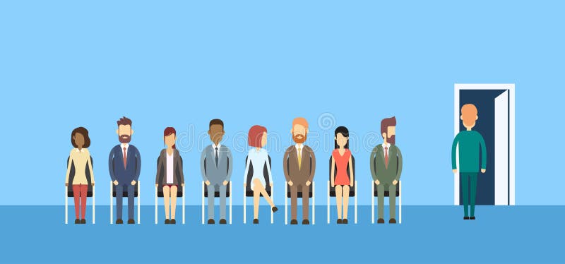 Geschäftsleute gruppieren das Sitzen in der Linie Reihen-Tür lizenzfreie abbildung Geschäftsleute gruppieren das Sitzen in der Linie Reihen-Tür lizenzfreie abbildung