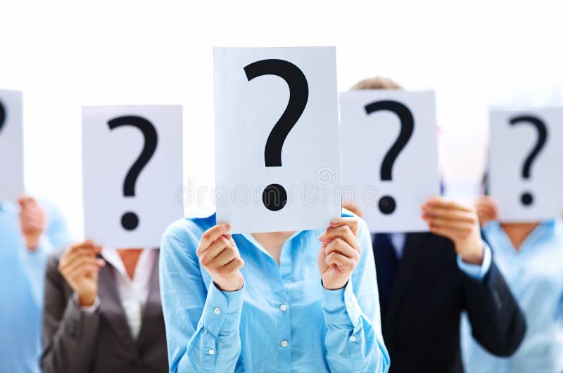 Business people standing with question mark on boards. Business people standing with question mark on boards