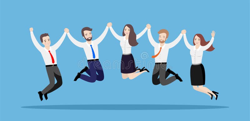 Gesch?ftsleute springen zusammen, H?ndchenhalten Illustration eines Teams der gl?cklichen Arbeitskr?fte auf einem blauen Hintergr lizenzfreie abbildung Gesch?ftsleute springen zusammen, H?ndchenhalten Illustration eines Teams der gl?cklichen Arbeitskr?fte auf einem blauen Hintergr lizenzfreie abbildung
